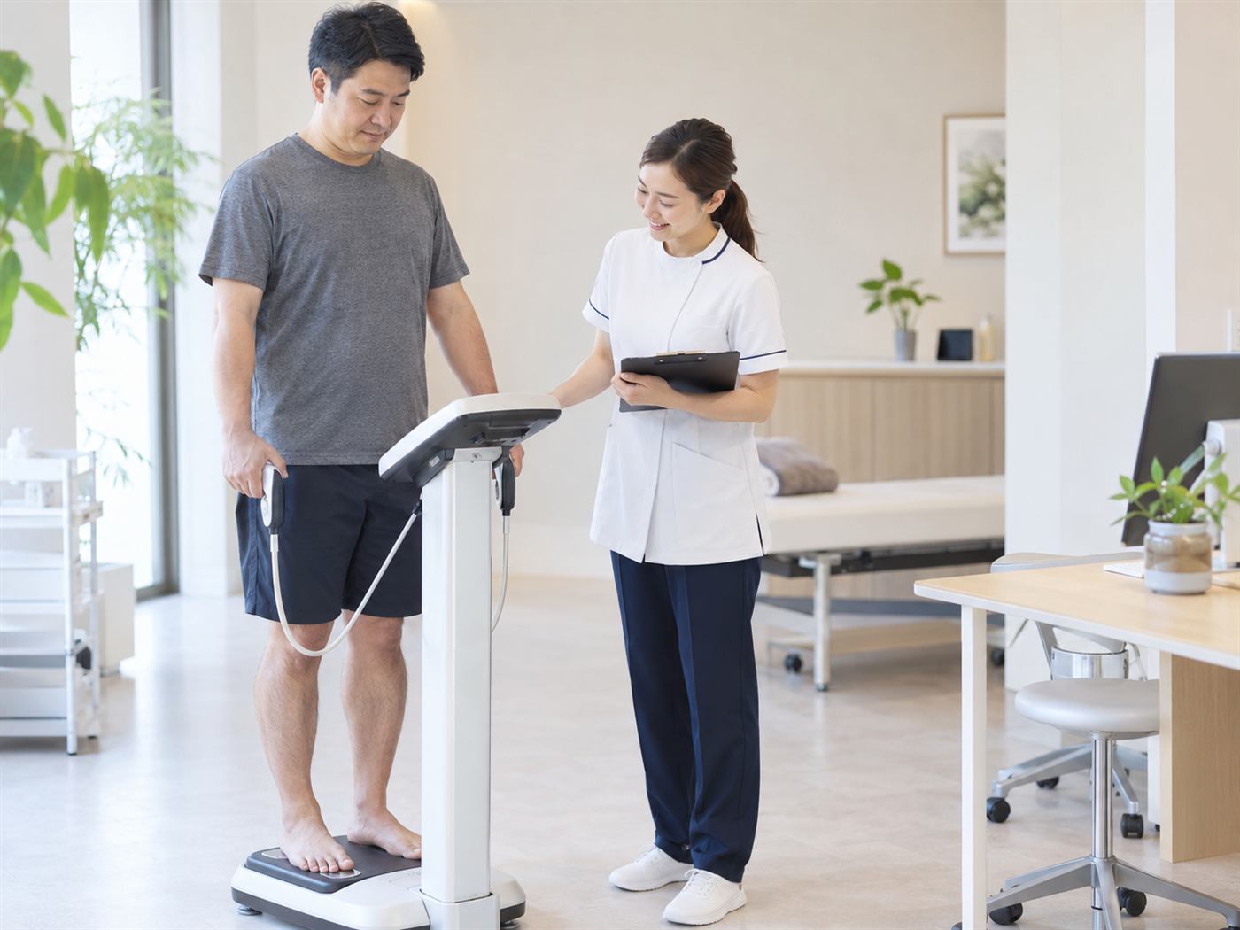 体組成計での測定結果を、スタッフが患者と一緒に確認している診察室の様子